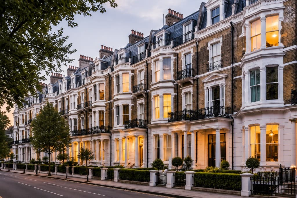 Upscale London terraced townhouses at dusk